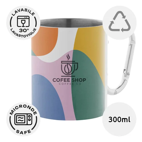Tazza termica in acciaio inox riciclato da 300ml ideale per sublimazione con moschettone