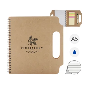 Block Notes A5 a spirale con copertina in cartone riciclato 70 fogli a righe, note adesive, penna refill blu