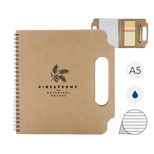 Block Notes A5 a spirale con copertina in cartone riciclato 70 fogli a righe, note adesive, penna refill blu