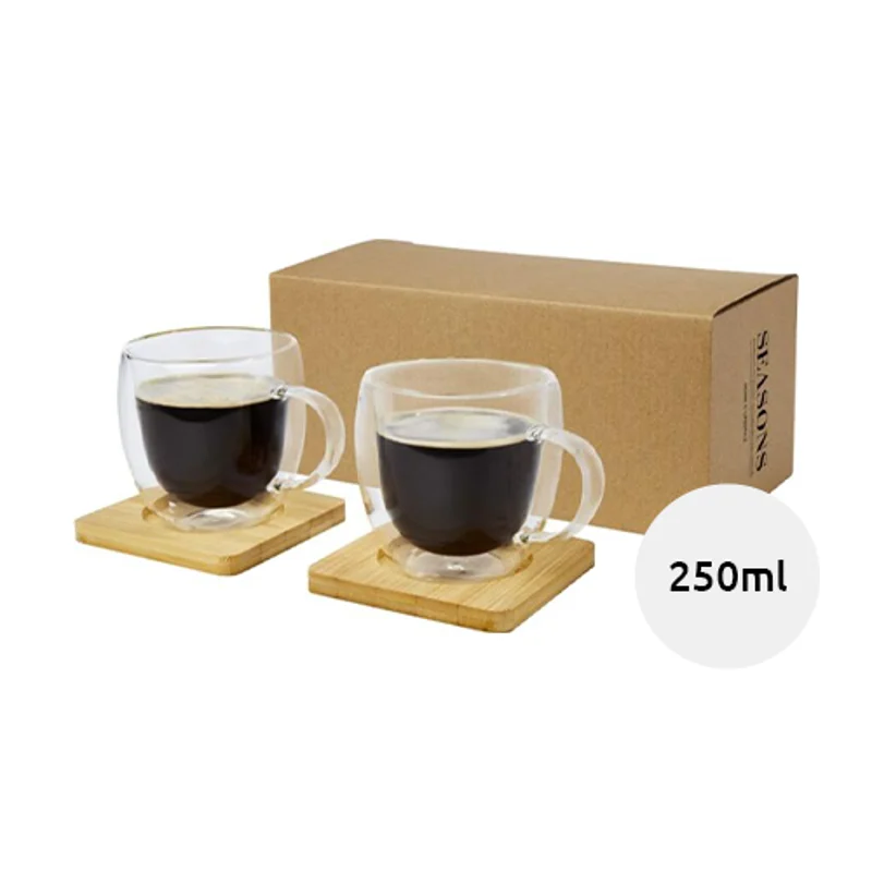 Set di 2 tazze in vetro a doppia parete da 250 ml con sottobicchiere in bambù