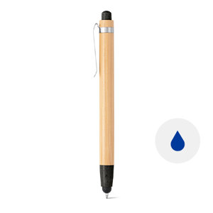 Penna a sfera in bambù con clip in metallo e e dettagli colorati con meccanismo a scatto e punta touch e refill blu