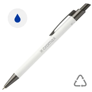 Penna a sfera in alluminio riciclato con finitura gommata in color canna di fucile con refill blu