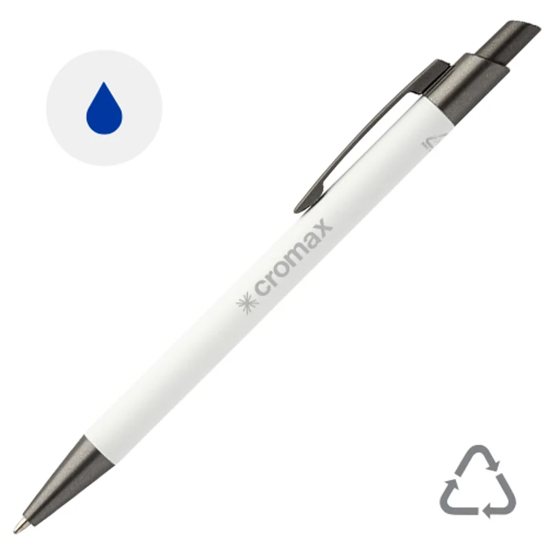Penna a sfera in alluminio riciclato con finitura gommata in color canna di fucile con refill blu